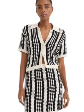 LOFT Black and White Short-Sleeve Button-Down Knit Top